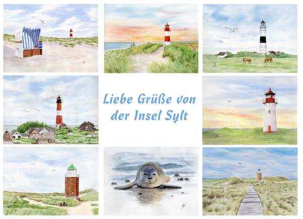 Postkarte DIN-A5 Aquarell Maritim Kunst Druck Kunstdruck Nordsee Strandkorb Leuchtturm Insel Sylt Meer Strand Dünen